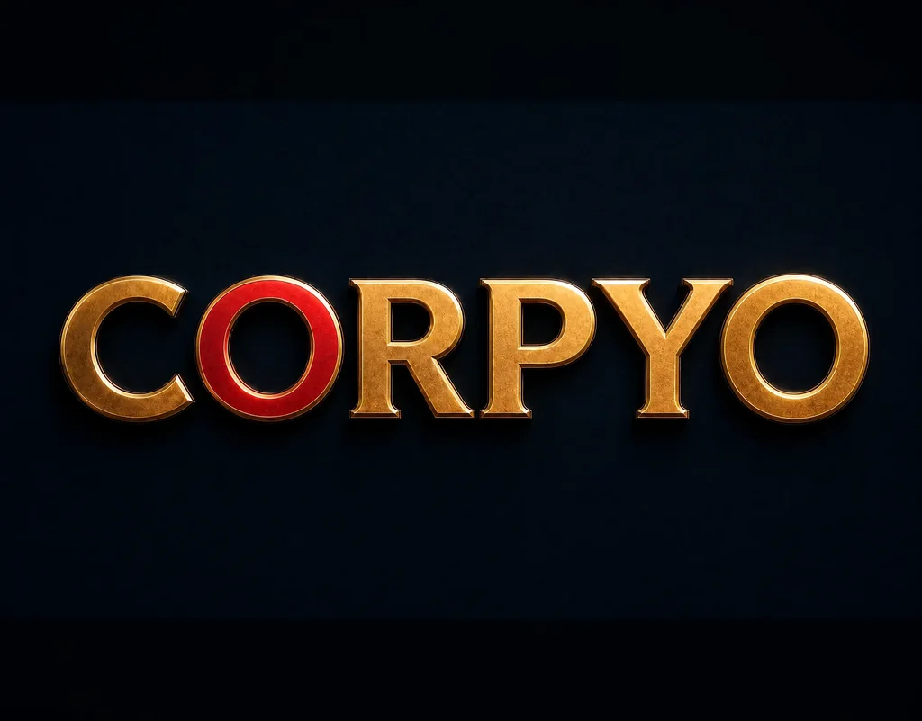 CORPYO — gold 3D wordmark with red second O